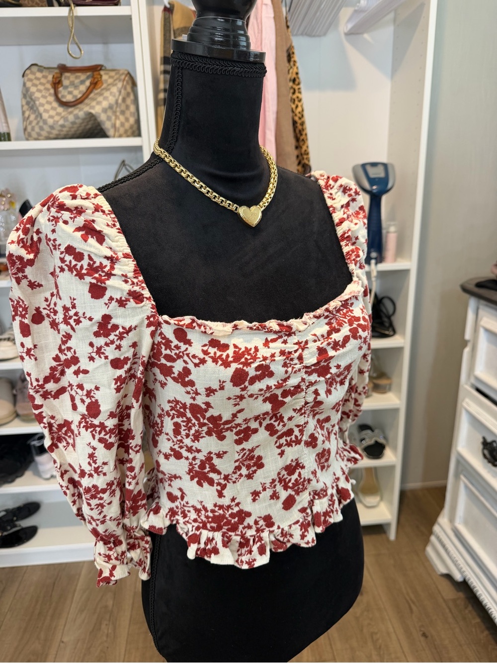 Zara Red Floral Puff-Sleeve Square-Neck Blouse